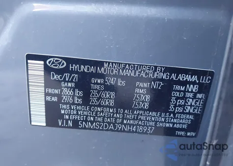 2022 Hyundai Santa Fe Sel из США, поврежденный, VIN 5NMS2DAJ9NH418937